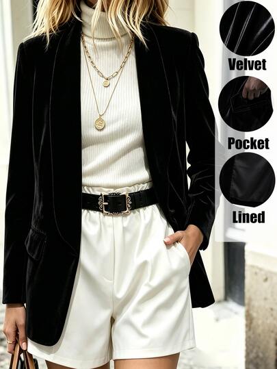 Lumivelle Autumn/Winter Women's Black Velvet Blazer Single Button Slim Fit Elegant Classy Suit Jacket Office Dinner Business Party Halloween
