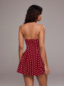 TRNVIE Women's Polka Dot Print Halter Backless Sexy Sleeveless Dress, Christmas - Burgundy - View 2