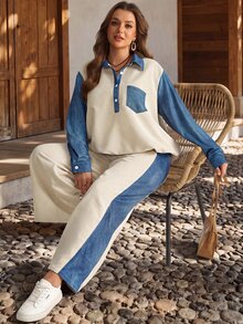 EMERY ROSE طقم كاجوال نسائي مقاس كبير بتصميم كتل لونية، ملابس علوية بياقة بولو وأكمام طويلة مع بنطال، ملابس خريف وشتاء 2026 للنساء - متعدد الألوان - مشاهدة 6