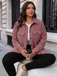 SHEIN LUNE Plus Size Casual Elegant Solid Color Pocket Front Button Jacket, Autumn Fall Going Out Vacation Club Green - Dusty Pink - View 1