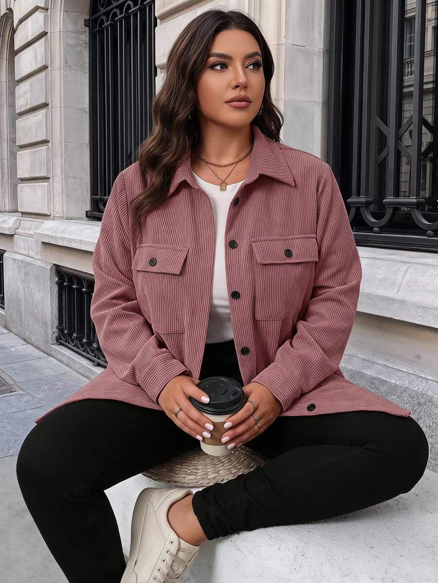 SHEIN LUNE Plus Size Casual Elegant Solid Color Pocket Front Button Jacket, Autumn Fall Going Out Vacation Club Green - Dusty Pink - View 1