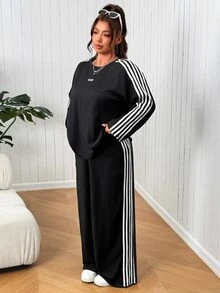 SHEIN EZwear Plus Size Women's Color Block Long Sleeve Top And Pants Casual Everyday 2 Pieces Set Fall - Black - View 3