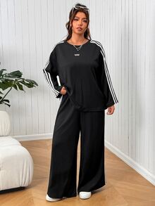 SHEIN EZwear Plus Size Women's Color Block Long Sleeve Top And Pants Casual Everyday 2 Pieces Set Fall - Black - View 5