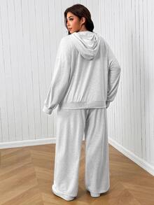 SHEIN EZwear 大尺碼多功能連帽衛衣附口袋與寬鬆長褲 2件套 秋季居家度假灰色休閒寬鬆款 - 灰色 - 查看 2