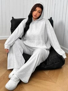 SHEIN EZwear 大尺碼多功能連帽衛衣附口袋與寬鬆長褲 2件套 秋季居家度假灰色休閒寬鬆款 - 灰色 - 查看 5