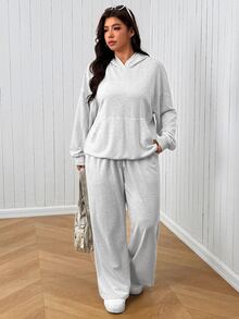 SHEIN EZwear 大尺碼多功能連帽衛衣附口袋與寬鬆長褲 2件套 秋季居家度假灰色休閒寬鬆款 - 灰色 - 查看 1