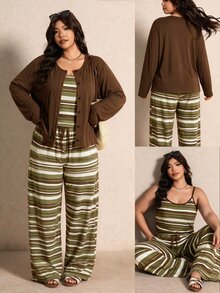 GlowEve CURVE Plus Size Women's Casual Fashion Striped Print 3 Pieces Set, Long Sleeve Jacket, Camisole, Long Pants - Multicolor - View 3