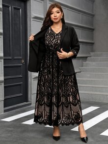 Reflora Plus Size Women's Contrast Lace Cuff Jacket And Dress Elegant Suit Set Autumn Wedding Formal Dinner Black Beige - Black - View 5
