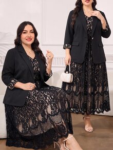Reflora Plus Size Women's Contrast Lace Cuff Jacket And Dress Elegant Suit Set Autumn Wedding Formal Dinner Black Beige - Black - View 10
