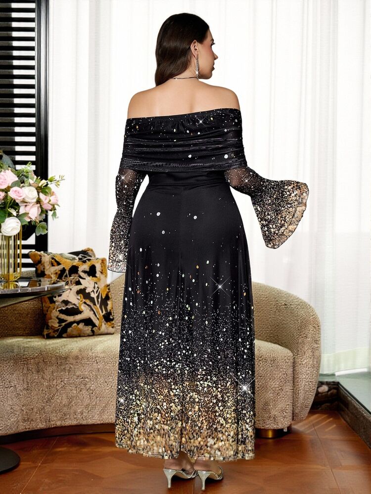 Reflora Plus Size Women's Shiny Print Cold Shoulder Flared Sleeve Elegant Dress Christmas Formal Cocktail Evening Black And Gold Autumn - Multicolor - View 2