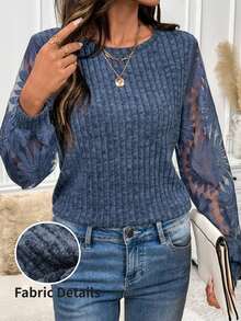 SHEIN Clasi Lace Sleeve Patchwork Brushed Ribbed Knit, Comfortable & Elegant, Early Autumn T-Shirt - Navy Blue - View 4