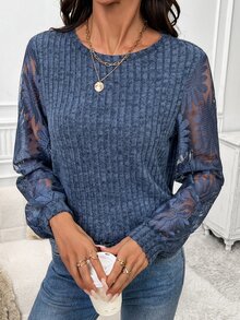 SHEIN Clasi Lace Sleeve Patchwork Brushed Ribbed Knit, Comfortable & Elegant, Early Autumn T-Shirt - Navy Blue - View 1