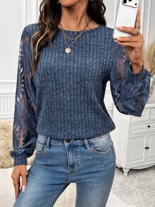 SHEIN Clasi Lace Sleeve Patchwork Brushed Ribbed Knit, Comfortable & Elegant, Early Autumn T-Shirt - Navy Blue - View 7