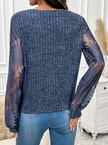SHEIN Clasi Lace Sleeve Patchwork Brushed Ribbed Knit, Comfortable & Elegant, Early Autumn T-Shirt - Navy Blue - View 5