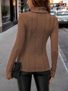 SHEIN Clasi Women's Vintage Street Style High Neck Long Sleeve T-Shirt For Vacation And Travel - Mocha Brown - View 3