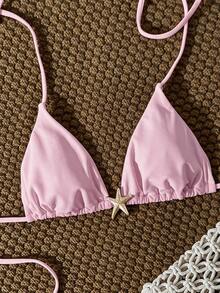 Swim Mod Women's Solid Color Halter Metal Decor Bikini Top, Spring/Summer Beach Party Pink Sexy Tropical - Pink - View 4