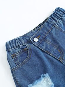 SHEIN 女童夏季水洗百搭寬鬆時尚舒適長褲，純棉柔軟面料，個性做舊設計，愛心元素貼布繡裝飾，不對稱腰頭，中藍色水洗牛仔色，薄款牛仔長褲，適合春夏 - 中等水洗藍 - 查看 6