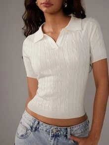 TRNVIE Casual Solid Color Polo Neck Short Sleeve Twist Knit Sweater - White - View 4