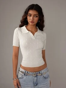 TRNVIE Casual Solid Color Polo Neck Short Sleeve Twist Knit Sweater - White - View 5