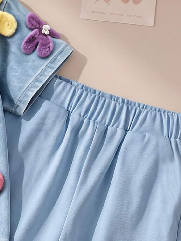 1 Set Girls Vintage Washed Blue Floral Digital Print Round Neck Short Sleeve Top + Cargo Long Pants, Autumn Outing Outfit - Multicolor - View 6