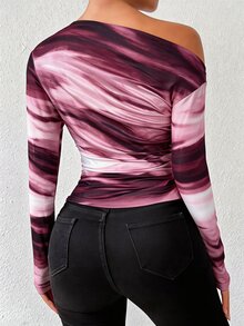 Xyvia Marble Gradient Print Asymmetrical Neck Long Sleeve T-Shirt For Spring - Pink - View 2