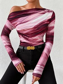 Xyvia Marble Gradient Print Asymmetrical Neck Long Sleeve T-Shirt For Spring - Pink - View 6