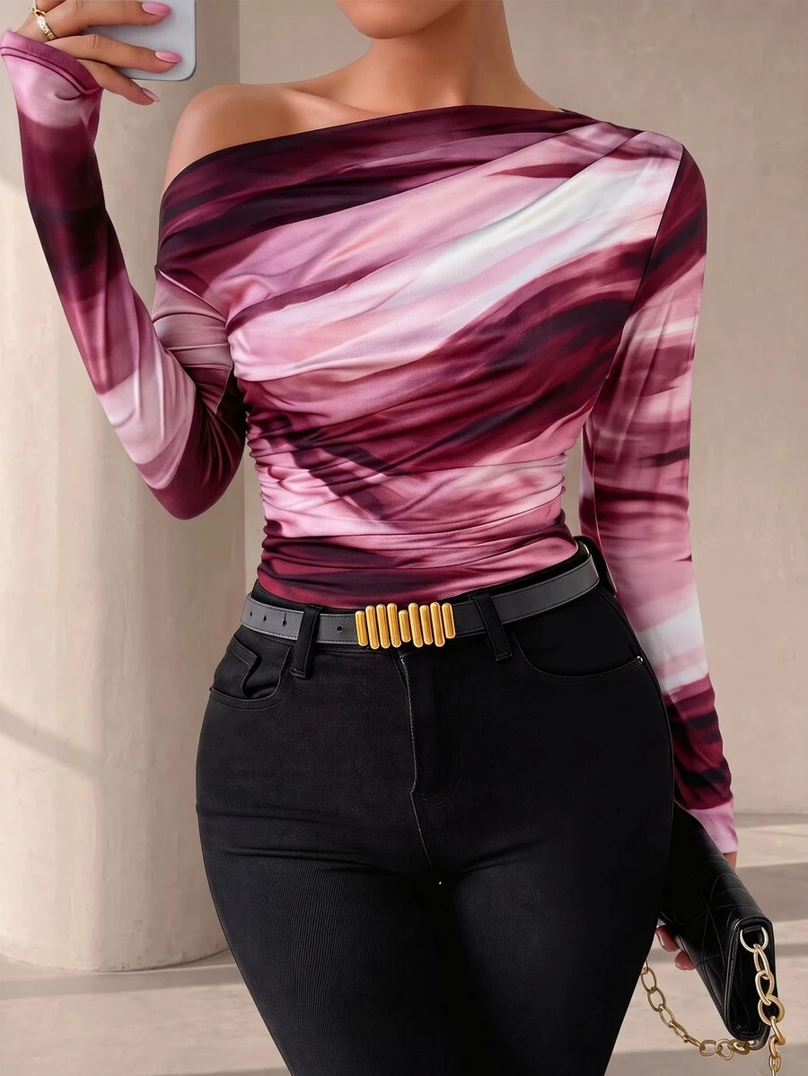 Xyvia Marble Gradient Print Asymmetrical Neck Long Sleeve T-Shirt For Spring - Pink - View 1