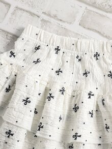 Genkimix Kids 年轻女孩蝴蝶结印花圆领短袖T恤和甜美迷你裙套装，清新夏日度假，海滩，郊游 - 黑色 - 查看 8