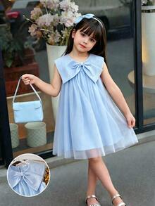 Elladie kids Young Girl' Light Blue Sleeveless Dress With Front Bow Decor, Chic And Elegant, Suitable For Daily Wear Or Party Occasions - Blue - View 5