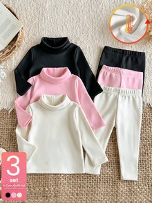 SHEIN Vintaside Kids 3件組幼女長袖上衣+內搭褲，可愛粉色白色黑色，抓絨內裡，長袖高領加厚，冬季派對度假毛絨款 - 彩色 - 查看 3
