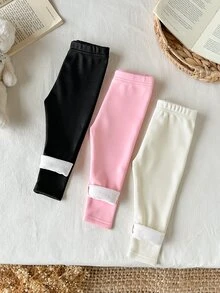 SHEIN Vintaside Kids 3件組幼女長袖上衣+內搭褲，可愛粉色白色黑色，抓絨內裡，長袖高領加厚，冬季派對度假毛絨款 - 彩色 - 查看 5