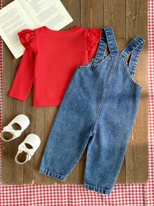 SHEIN Vintaside Kids 2pcs Toddler Girl T-Shirt Denim Overalls Cute Sweet Red Blue Bow Ruffle Heart Print Flutter Sleeve Round Neck Regular Holiday Fall Halloween Chic - Red - View 2