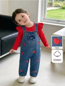 SHEIN Vintaside Kids 2pcs Toddler Girl T-Shirt Denim Overalls Cute Sweet Red Blue Bow Ruffle Heart Print Flutter Sleeve Round Neck Regular Holiday Fall Halloween Chic - Red - View 4