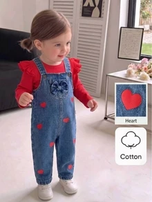 SHEIN Vintaside Kids 2pcs Toddler Girl T-Shirt Denim Overalls Cute Sweet Red Blue Bow Ruffle Heart Print Flutter Sleeve Round Neck Regular Holiday Fall Halloween Chic - Red - View 3