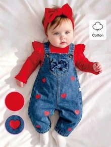 SHEIN Vintaside Kids 2pcs Toddler Girl T-Shirt Denim Overalls Cute Sweet Red Blue Bow Ruffle Heart Print Flutter Sleeve Round Neck Regular Holiday Fall Halloween Chic - Red - View 1