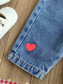 SHEIN Vintaside Kids 2pcs Toddler Girl T-Shirt Denim Overalls Cute Sweet Red Blue Bow Ruffle Heart Print Flutter Sleeve Round Neck Regular Holiday Fall Halloween Chic - Red - View 5