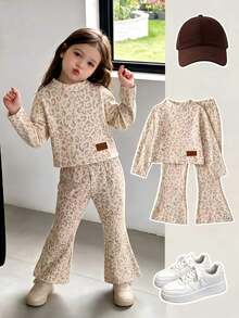 SHEIN Elladie kids (少女) 淺豹紋長袖喇叭褲 2件套，上衣：淺豹紋圓領長袖；下裝：配套豹紋喇叭長褲。適合春季/秋季，時尚精緻，完美適用於日常上學、姐妹聚會、戶外拍照、拜訪親友、郊外出遊 - 卡其色 - 查看 3