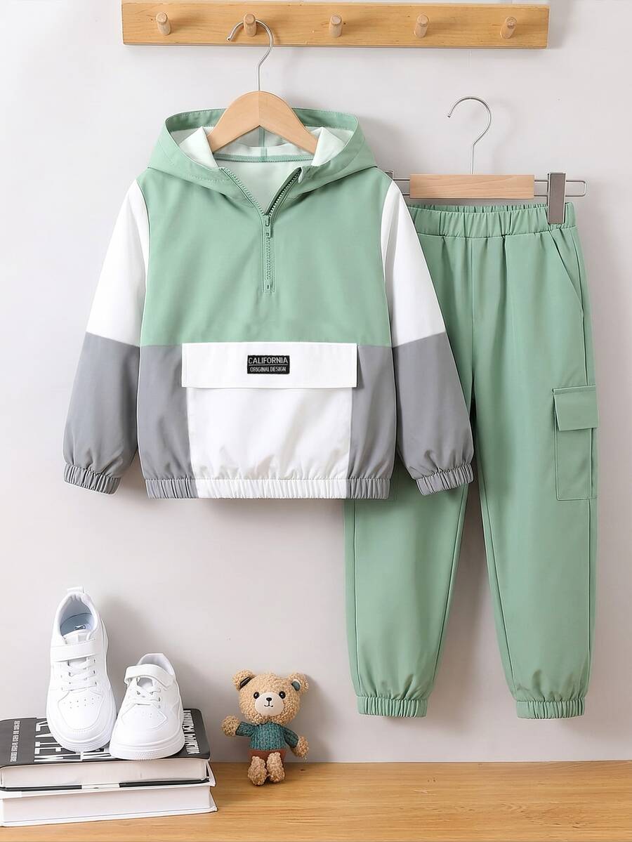 SHEIN Young Boy Zipper Half-Placket Colorblock Hoodie And Cargo Pants With Pockets 2 Pieces Set Autumn Winter - Green - View 1