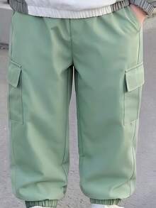 SHEIN Young Boy Zipper Half-Placket Colorblock Hoodie And Cargo Pants With Pockets 2 Pieces Set Autumn Winter - Green - View 5
