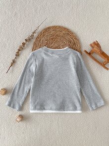 SHEIN Playful Pals Boys' Grey Ribbed 2 In 1 Long Sleeve Top, Loose & Comfortable, Minimalist Versatile Knit Sweater - Grey - View 3