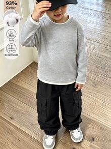 SHEIN Playful Pals Boys' Grey Ribbed 2 In 1 Long Sleeve Top, Loose & Comfortable, Minimalist Versatile Knit Sweater - Grey - View 4