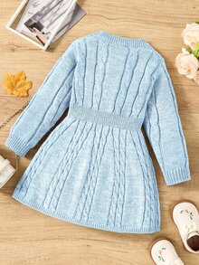 SHEIN 秋季女童復古娃娃公主風 粗針編織圓領收腰 A 字裙 3D 蝴蝶結長袖針織洋裝 藍色 母女套裝 - 淺藍色 - 查看 3