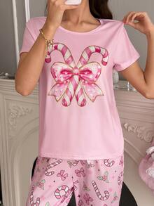 SweetSlumber Women's Bow Print Short Sleeve Top And Long Pants Pajama Set, Milk Silk - Pink - View 6