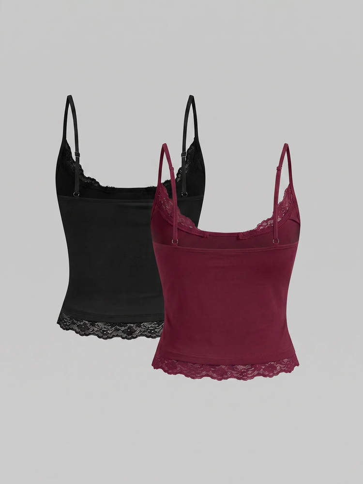 Aloruh Women's Summer Casual Daily Commute Minimalist Versatile Solid Color Contrast Lace Slim Fit Cropped Tank Top 2pcs Set - Multicolor - View 2