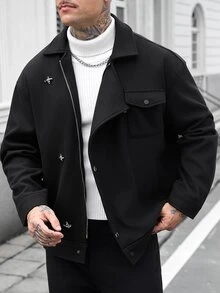 Manfinity CasualCool Men's Solid Color Airplane Buckle Placket Long Sleeve Casual Overcoat - Black - View 1