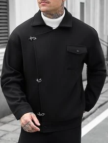 Manfinity CasualCool Men's Solid Color Airplane Buckle Placket Long Sleeve Casual Overcoat - Black - View 3