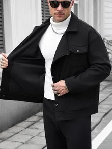 Manfinity CasualCool Men's Solid Color Airplane Buckle Placket Long Sleeve Casual Overcoat - Black - View 6