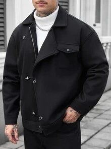 Manfinity CasualCool Men's Solid Color Airplane Buckle Placket Long Sleeve Casual Overcoat - Black - View 5