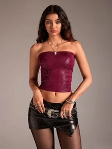 TRNVIE 1件女士紫色鳄鱼纹涂层弹力褶皱露背吊带背心，性感休闲街头派对俱乐部情人节假日嬉皮风背心 - 酒紅色 - 查看 3