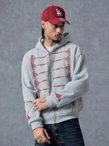 PAVTROS Sweatshirt Hoodie Pria Kasual dengan Bordir dan Lapisan Termal, Musim Gugur/Dingin - Grey - View 4